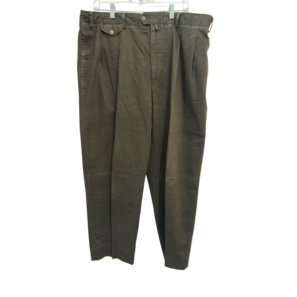 Vintage Olive Green Pleated Trousers Cotton Straight Leg Size 42 Ivy Trad